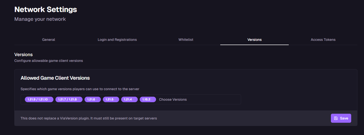 Versions tab view in the dashboard