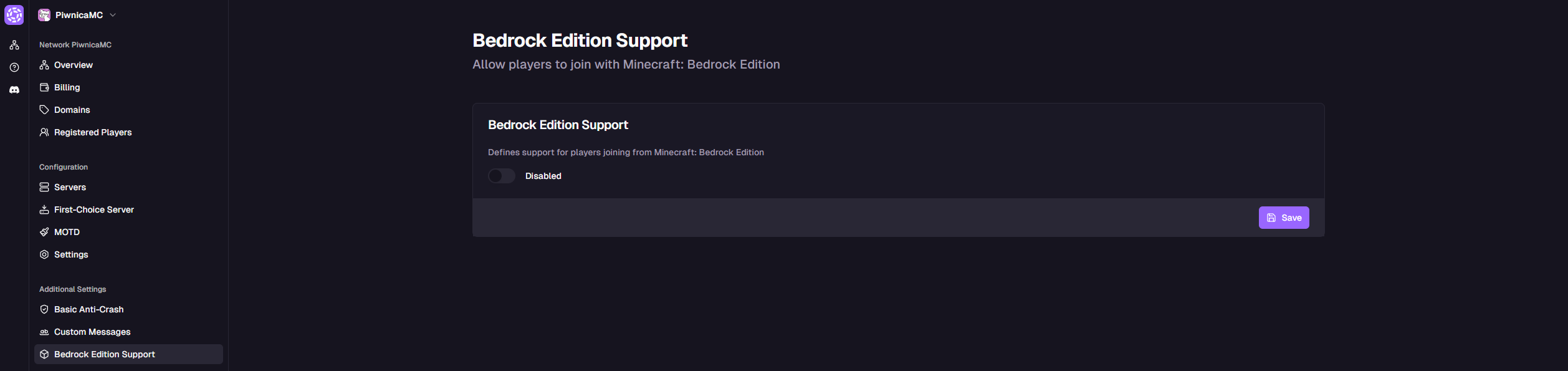 Bedrock Edition Support tab view
