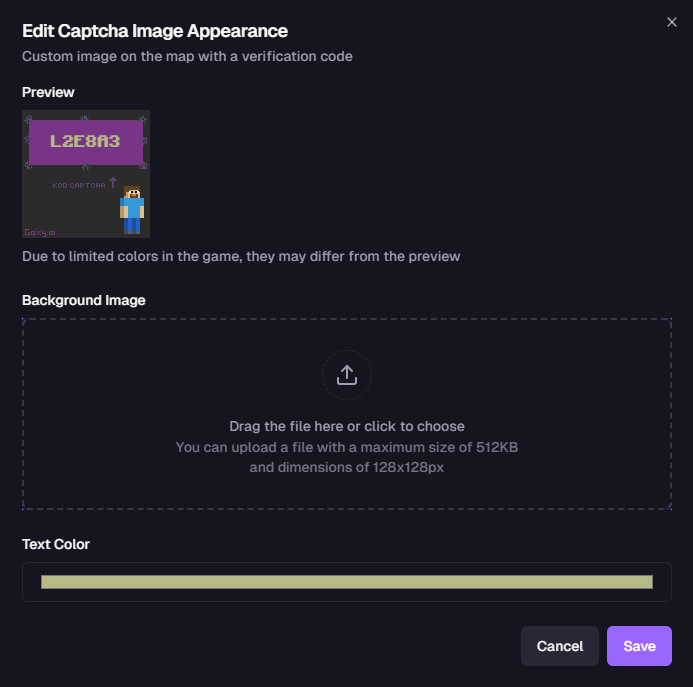Captcha image settings panel
