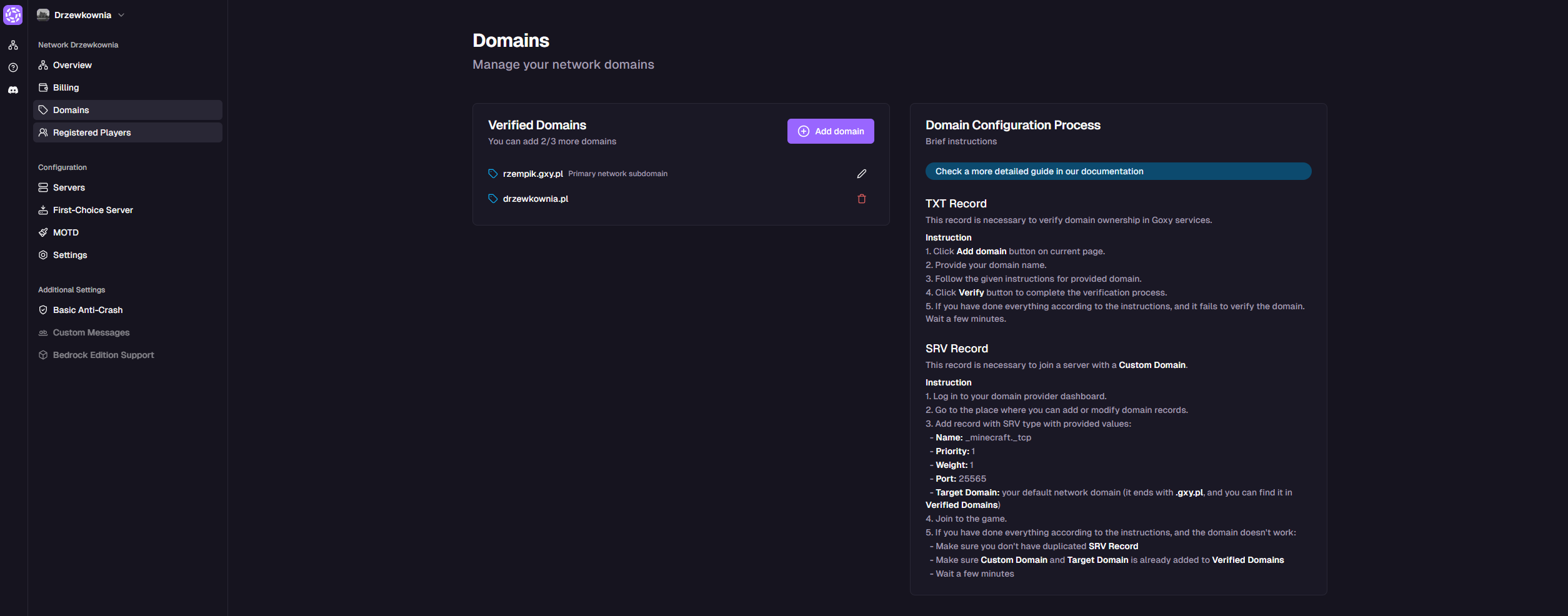 Domains tab view for the selected network