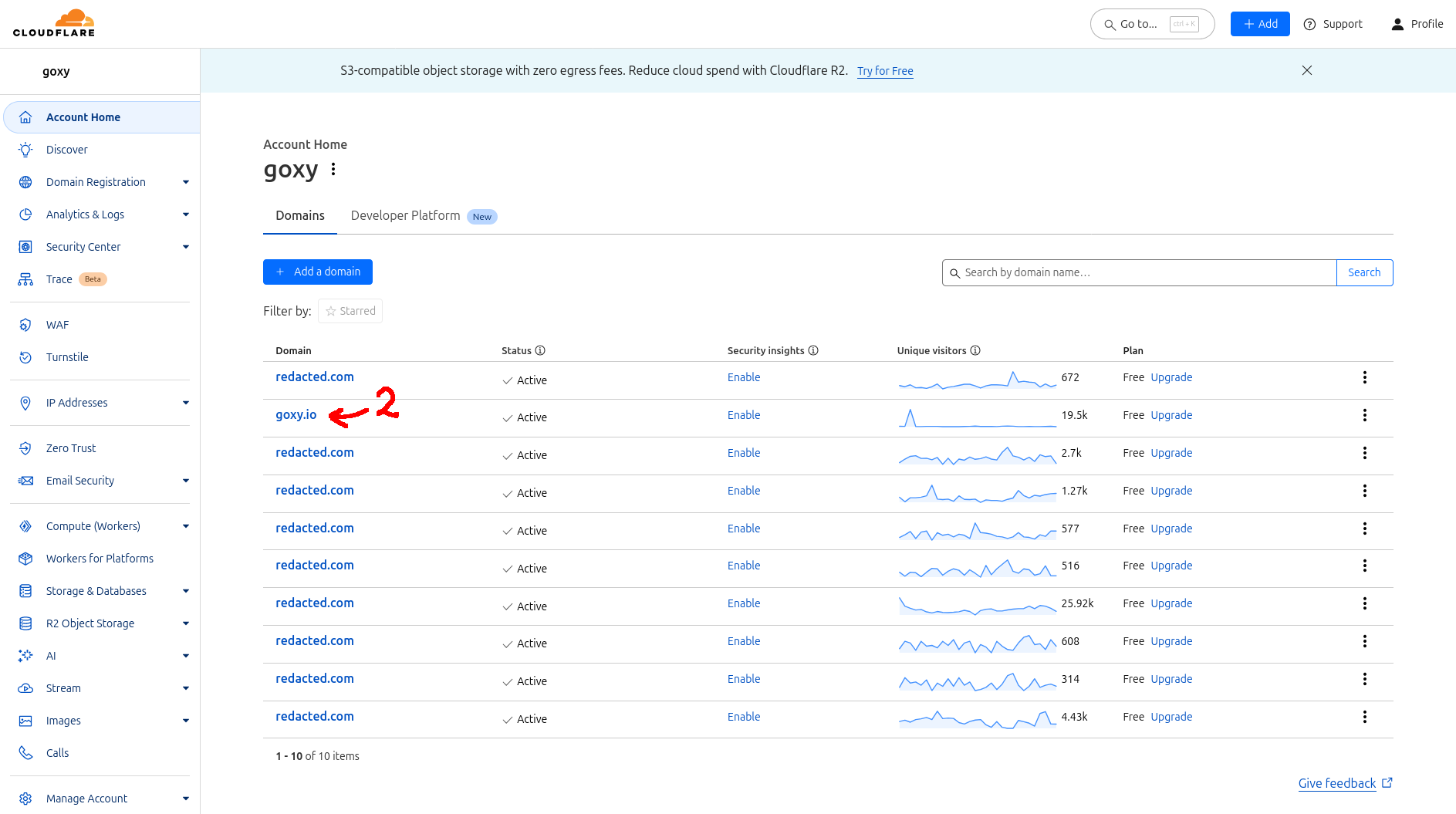 Domain list in Cloudflare panel