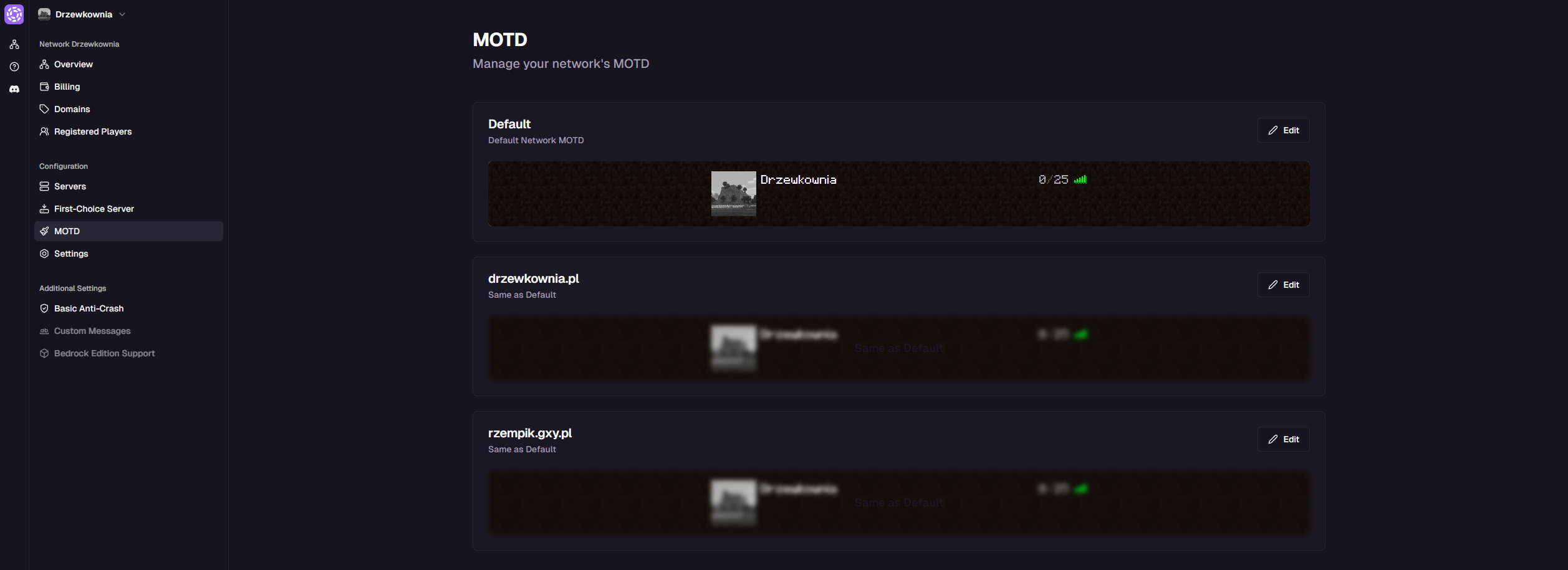 Domain list view in the dashboard