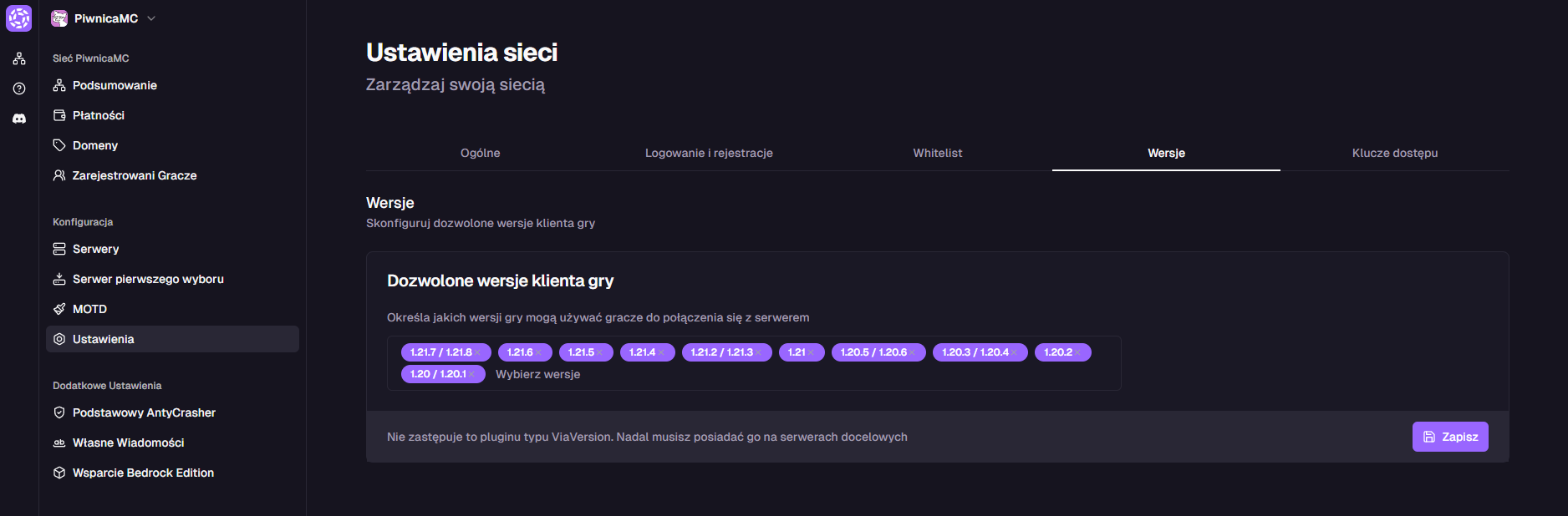 Widok zakładki Wersje w panelu