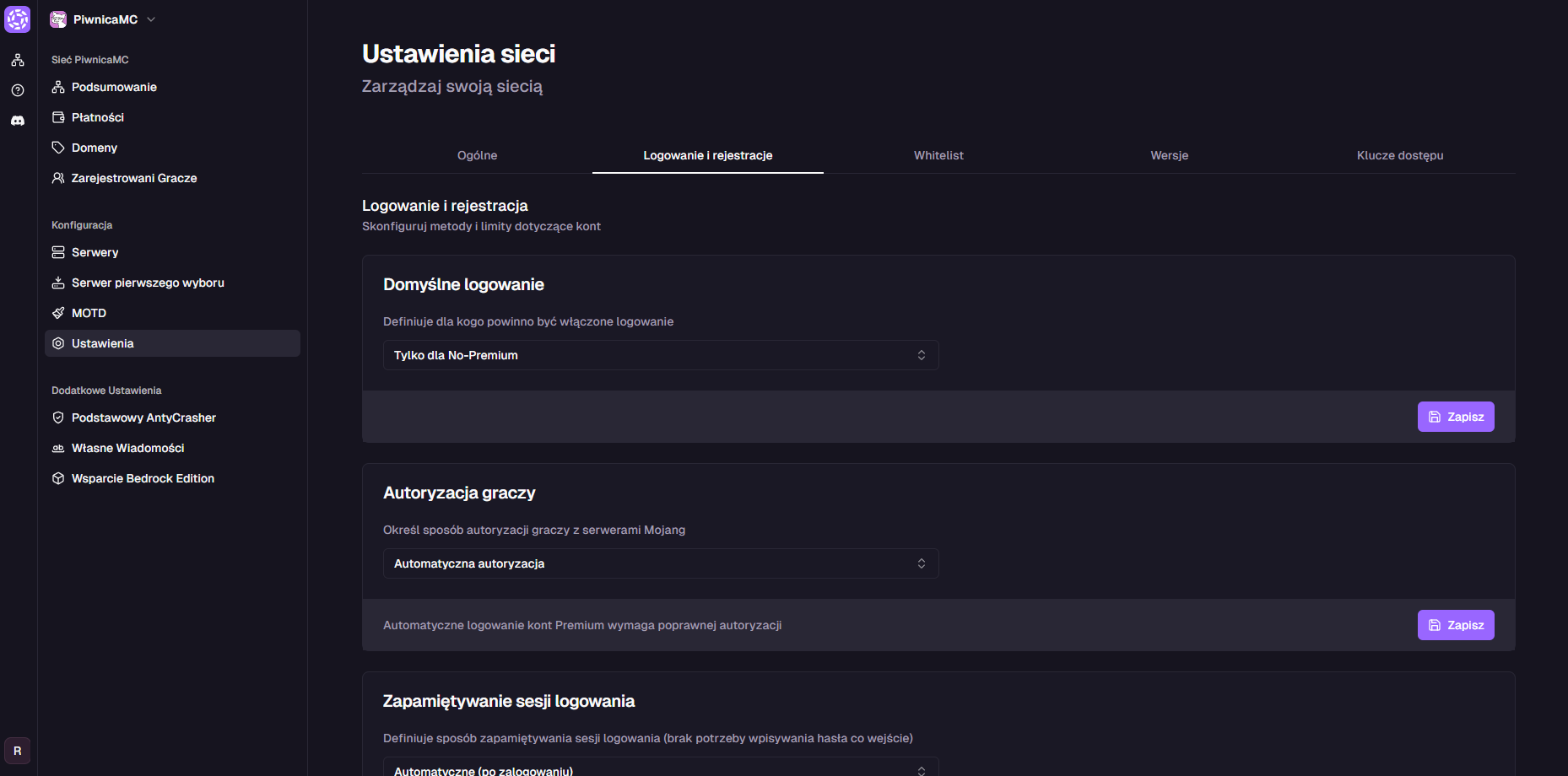 Widok zakładki Logowanie i rejestracja