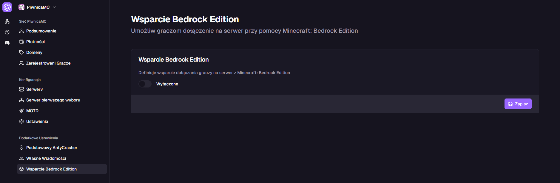 Widok zakładki Wsparcie Bedrock Edition
