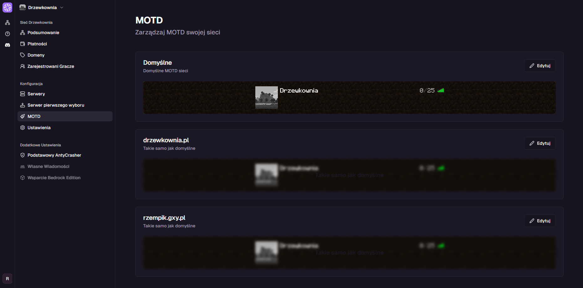 Widok listy domen w panelu