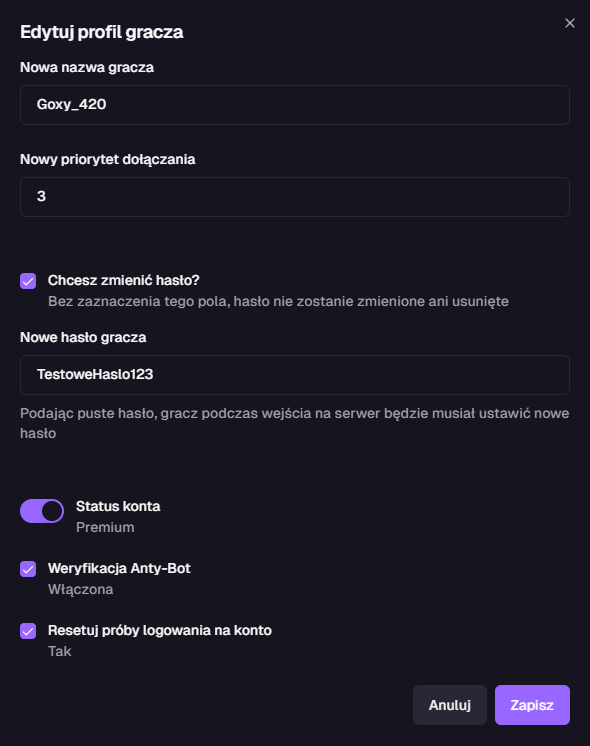 Edycja profilu gracza