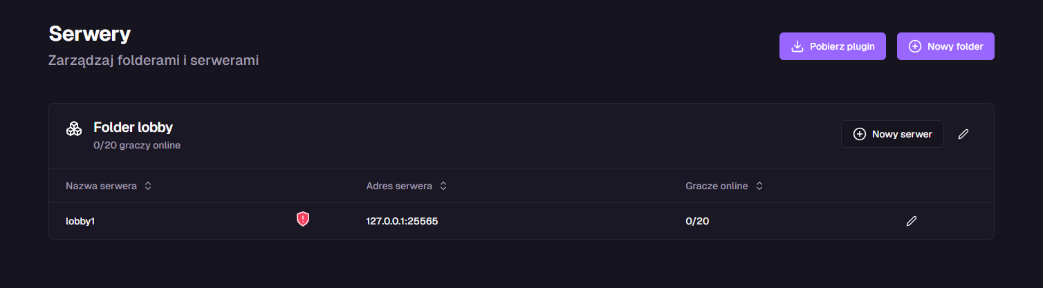 Widok serwerów sieci z przyciskiem pobierania pluginu