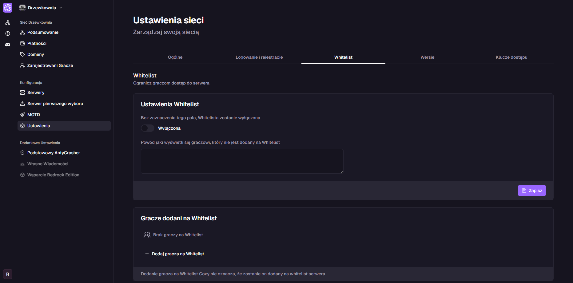 Widok sekcji Whitelista